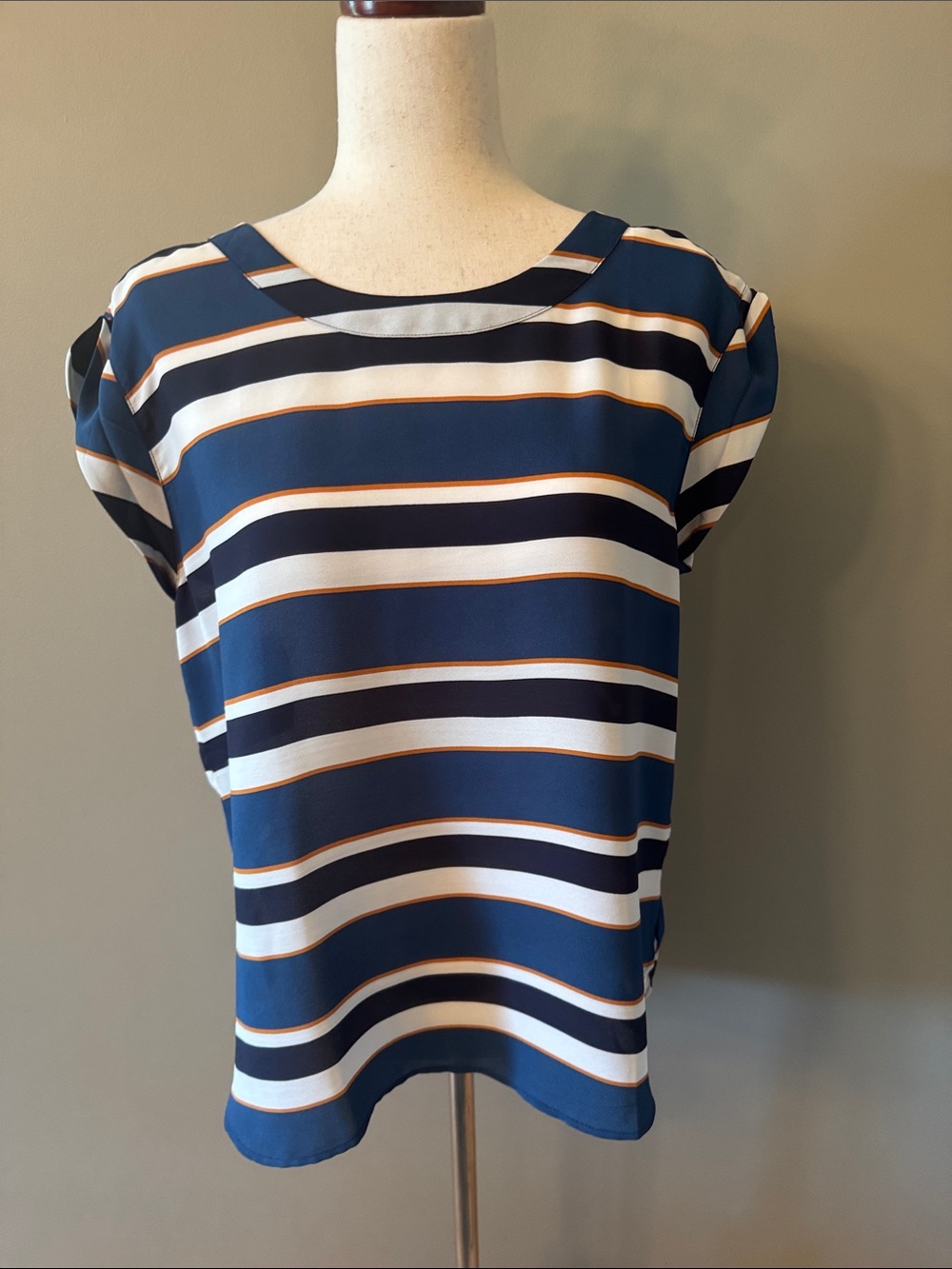 Ann Taylor Factory Navy, White and Gold Striped Cap-Sleeve Blouse - Picture 2 of 8